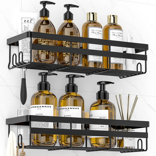 Adhesive Shower Caddy Shelf, 2 Pack - Hanging Bathroom Organizer, No Drilling Stainless Black Shelves for Storage & Home Decor